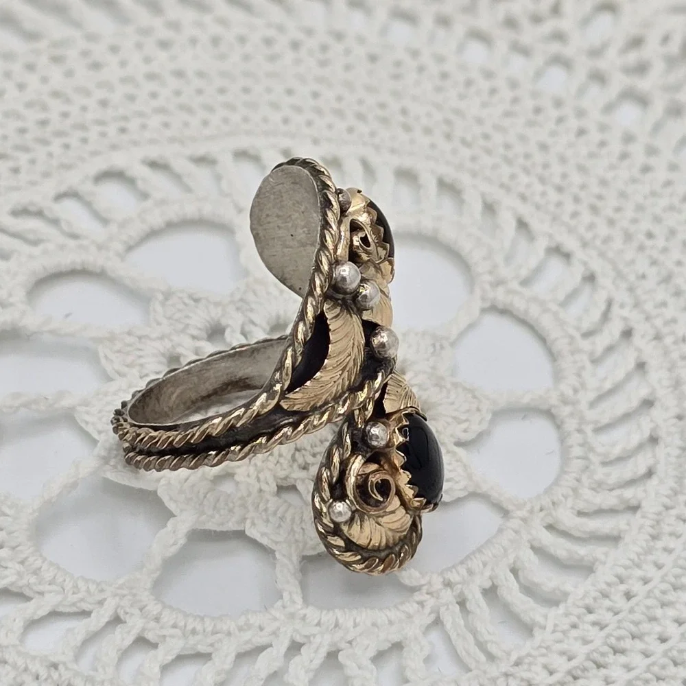 Vintage Bypass Ring Adjustable Size 4 12K Gold Filled Black Gemstone Seed Pearl